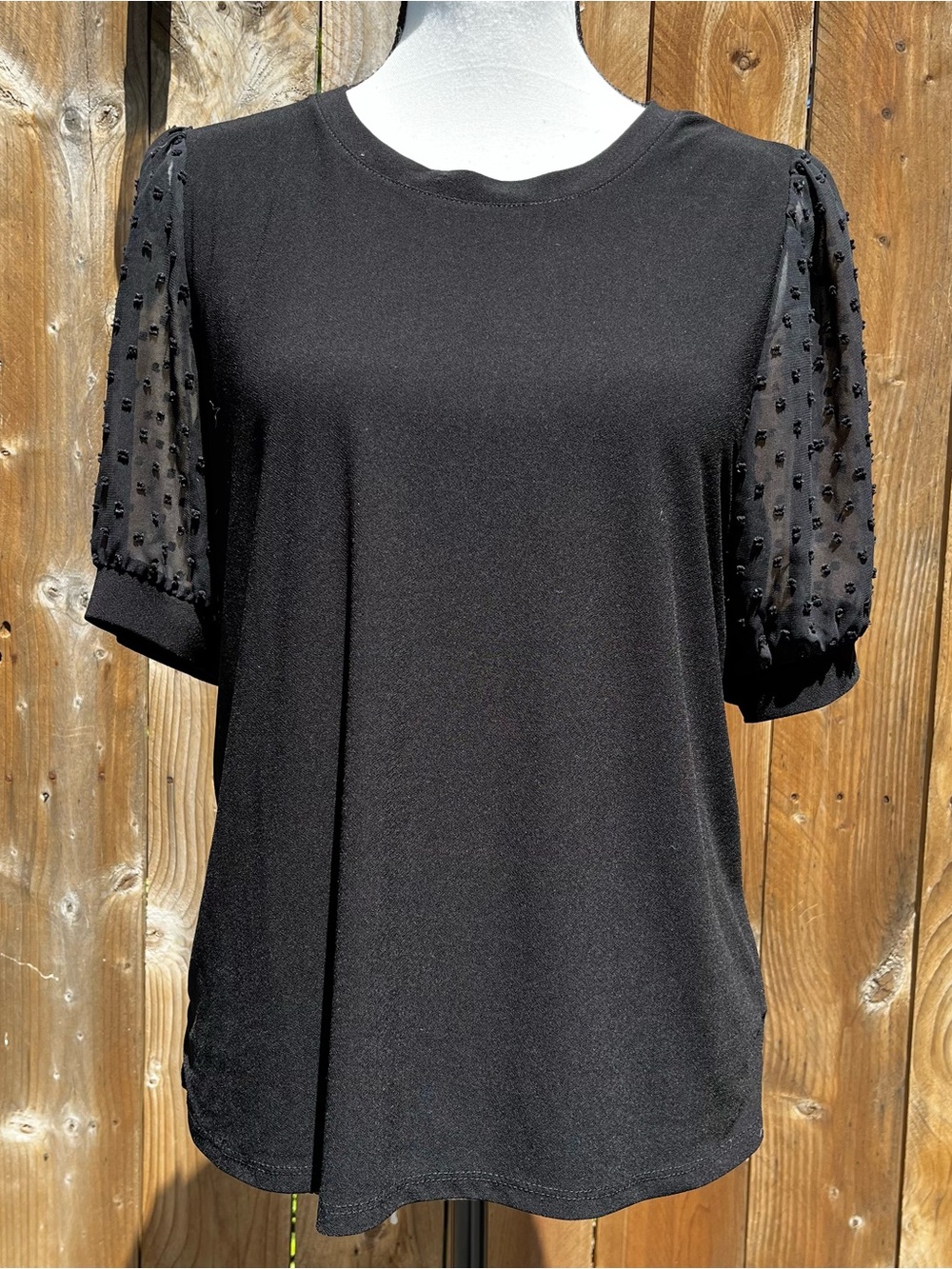 CeCe Black Puff Sleeve Tee with Sheer Polka Dot Sleeves